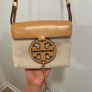 Tory Burch Tan and Cream Crossbody Bag with Logo Medallion